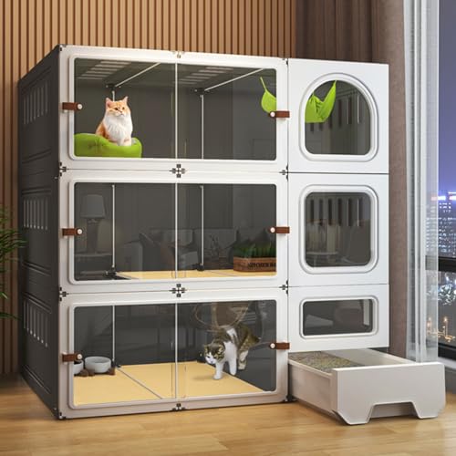 Katzenkäfig, Katzenkäfig für den Innenbereich mit Katzentoilette, DIY-Katzenzaun, HD, transparent, Neue Upgrade-Schiebetür, geeignet für 1–2 Katzen, Kaninchen, Kleintiere (Black 106 * 46.5 * 106cm) von JMOZHCD