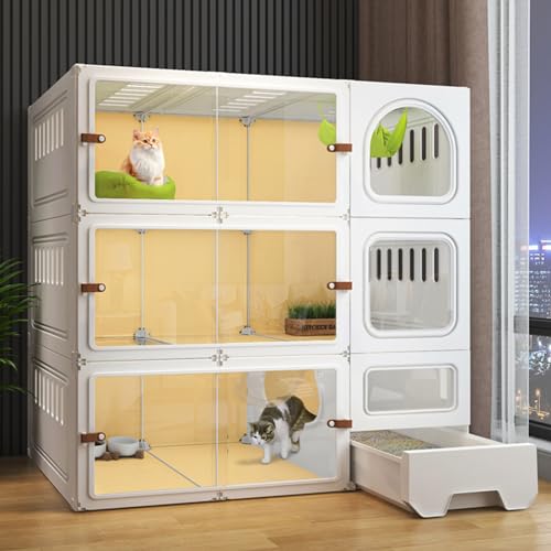 Katzenkäfig, Katzenkäfig für den Innenbereich mit Katzentoilette, DIY-Katzenzaun, HD, transparent, Neue Upgrade-Schiebetür, geeignet für 1–2 Katzen, Kaninchen, Kleintiere (White 106 * 46.5 * 106cm) von JMOZHCD