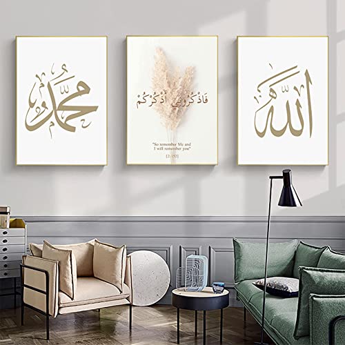 JNAOZI Islamische Wandbilder, Islamisch Leinwandbilder, Arabische Kalligrafie Bismillah Blumenwand für Wohnzimmer Ohne Rahmen (30x40cm*3)… von JNAOZI