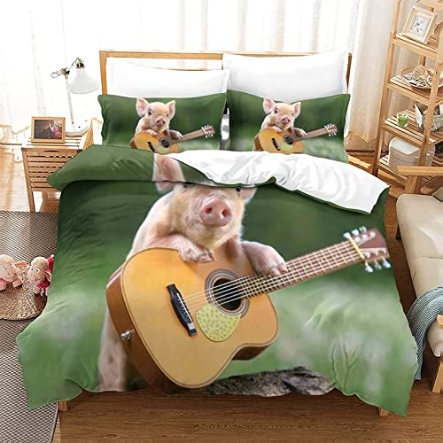 JOGAMA Bettwäsche 135x200 cm süßes Schwein, 3D Bettwäsche Set Mikrofaser Bettbezug Gitarre für Kinder, Weiche Bettbezüge + 2 Kissenbezug 80x80 cm, mit Reißverschluss von JOGAMA