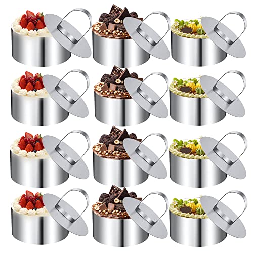 JOLIGAEA 12 Stücke Dessertringe, Mini-Kuchenring Formen Edelstahl Runde Mousse-Ring-Set 8cm Durchmesser Speiseringe mit Presse Heber Verdickte Backen Werkzeug, Dessertring für Mousse Desserts Kuchen von JOLIGAEA