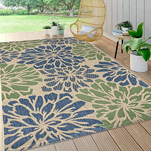 JONATHAN Y SMB110B-4 Zinnia Modernes florales Strukturgeflecht Teppich Bohemian Coastal, pflegeleicht, Schlafzimmer, Küche, Garten, Terrasse, Nicht fusselnd, 120 cm x 180 cm, Marine/Grün von JONATHAN Y