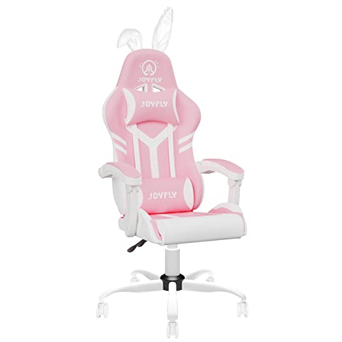 JOYFLY Pink Gamer Stuhl mit Hochlehner Bürostuhl PU-Leder Gaming Sessel mit Lendenwirbelstütze für Mädchen PC-Stuhl Ergonomische Gaming Stuhl, Kopfstütze Lordosenstütze (Rosa) von JOYFLY