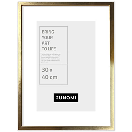 JUNOMI® Bilderrahmen 30 x 40 cm Holz | Farbe Gold | Bilderrahmen Gold mit bruchsicherem Acryl-Glas | Bilderrahmen Holz von JUNOMI