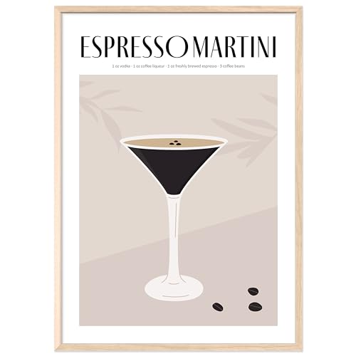 JUNOMI® Espresso Martini Poster 50x70 cm, Cocktail, Longdrink, Bar, Getränke, Cocktail Set | Mit Rahmen Natur von JUNOMI