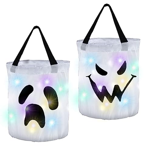 JUOPZKENN 2 Stück LED-Licht-Halloween-Süßigkeitstüten, Mehrzweck-Kürbiseimer, Beleuchtete Halloween-Taschen mit Kürbis-Lächeln-Gesicht, Leuchtende Süßigkeitentüten, Halloween-Tüten für(#4) von JUOPZKENN