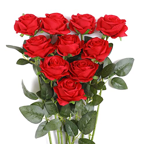 JUSTOYOU 10 PCS Rote Rose Künstlich, Seide Rote Blumen Realistischer Blumenstrauß, Einzelner Langer Stamm gefälschte Rosen für Home Table Office Party Hochzeit Garten Arrangements (10 PCS, Rot) von JUSTOYOU