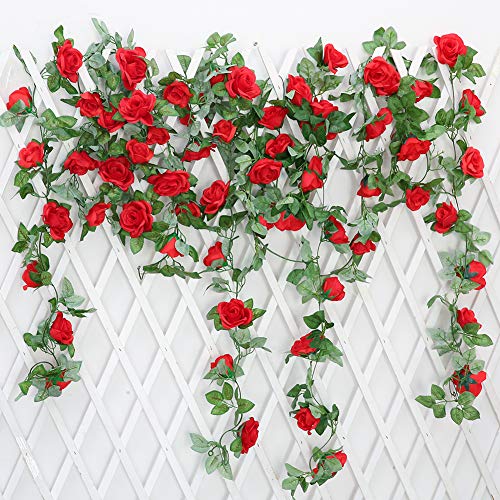 JUSTOYOU 2 Pack 7.2ft Künstliche Fake Rose Girlande Reben Hängende Seide Blumen für Outdoor Indoor Hochzeit Wand Badroom Dekoration (Rot) von JUSTOYOU