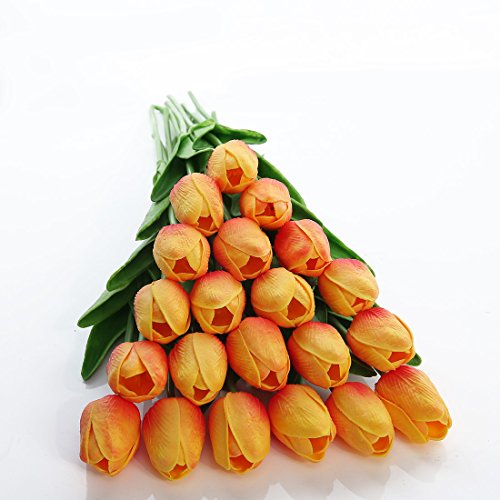 JUSTOYOU 20 STK PU Real Touch Latex Künstliche Tulpen Gefälschte Tulpen Blumen Blumensträuße Blumen Arrangement für Home Room Hochzeitsstrauß Party Herzstück Dekor Orange von JUSTOYOU