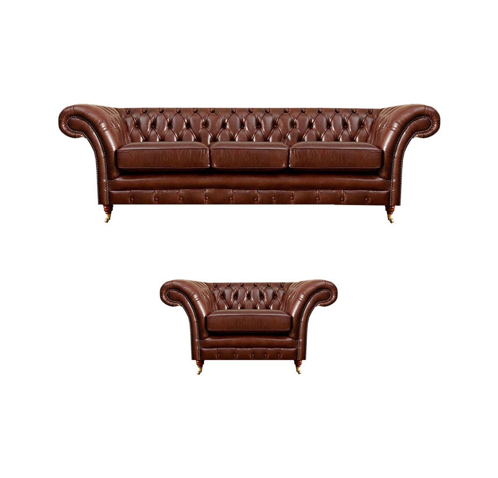 JVmoebel Chesterfield-Sofa Garnitur 2tlg Dreisitzer Sofa Leder Sessel Chesterfield Wohnzimmer, 2 Teile, Made in Europa von JVmoebel