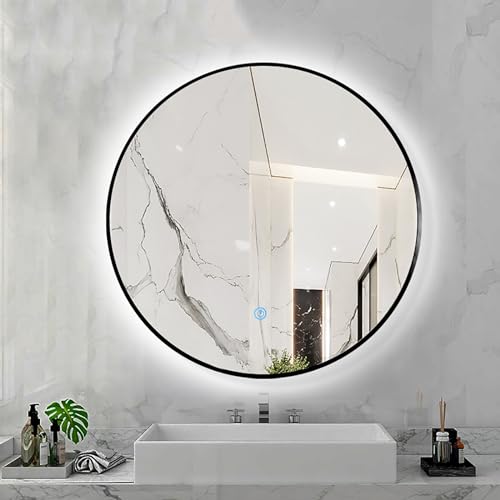 JXYQZD Runder Spiegel mit Metallrahmen, 4 Farben Metallrahmen, Kosmetikspiegel mit Lichtern, LED Intelligenter Badezimmerspiegel, (Color : Negro, Size : 80 * 80cm) von JXYQZD