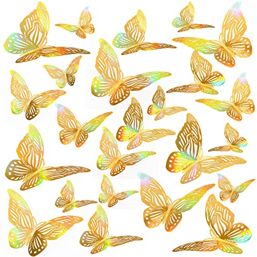 JYPHM 24 Stück 3D Schmetterlinge Deko Abnehmbare Dekoration Wandtattoo Butterfly Wandsticker Schmetterling Wandaufkleber Heimdeko Kinderzimmer Schlafzimmer Deko Buntes Gold von JYPHM