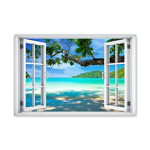 JZSDGB 3D-Effekt Fensteransicht Bilder Landschaftsbilder Gemälde.Tropical Island ​​Strand bilder auf Leinwand Vlies Leinwandbild mit Fensterblick.Wandbilder 80x120cm(31x47in) Rahmenlos von JZSDGB