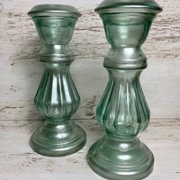 Vintage Große Glas Dekorative Kerzenhalter Paar von JaalDiggersOfTexas