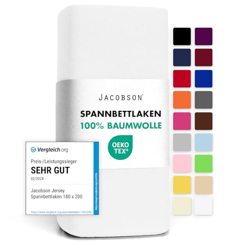 Jacobson Jersey Spannbettlaken Spannbetttuch Baumwolle Bettlaken (140x200-160x200 cm, Weiss) von JACOBSON