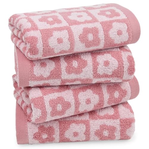 Jacquotha Baumwolle Handtücher Rosa Kariert Floral - Schnell Trocknendes Handtuch Set von 4, Geschenk für Frauen Mädchen, 73,7 x 33 cm von Jacquotha