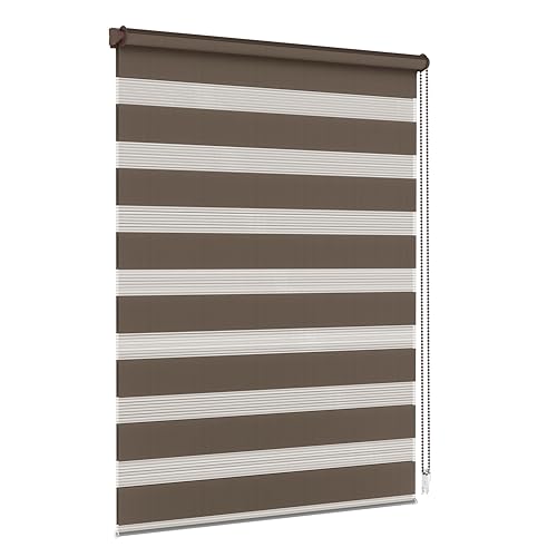 Jalousiescout Doppelrollo Klemmfix ohne Bohren & mit Bohren, Rollo Fensterrollo lichtdurchlässig & verdunkelnd，Sonnenschutzrollo Zebrarollo für Fenster & Türen, 100 x 120 cm (BxH) Dunkelbraun von Jalousiescout