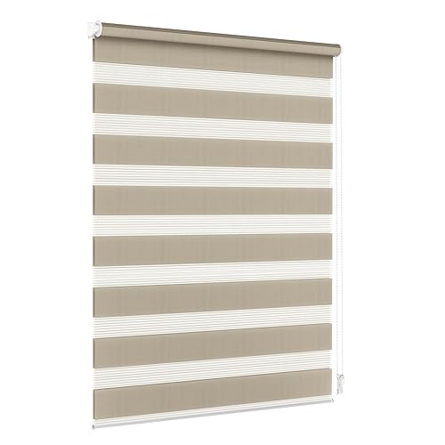 Jalousiescout Doppelrollo Klemmfix ohne Bohren & mit Bohren, Rollo Fensterrollo lichtdurchlässig & verdunkelnd，Sonnenschutzrollo Zebrarollo für Fenster & Türen, 102.5 x 150 cm (BxH) Hellbraun von Jalousiescout