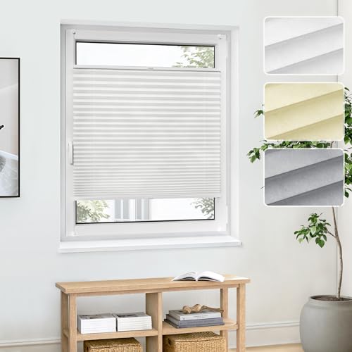 Jalousiescout Plissee Faltrollo ohne Bohren mit Klemmträger, Sichtschutz Fenster Sonnenschutz, Lichtdurchlässig Rollo für Fenster & Tür, Basis-Vliesstoff Pure Plissee, 57.5x100cm, weiß von Jalousiescout