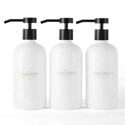 Janxin Shampoo- und Conditioner-Spender, nachfüllbare 600ml Shampooflaschen, Duschspender mit wasserfesten Etiketten für das Badezimmer (Weiße Flaschen + Schwarze Pumpen) von Janxin