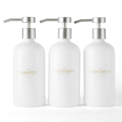 Janxin Shampoo- und Conditioner-Spender, nachfüllbare 600ml Shampooflaschen, Duschspender mit wasserfesten Etiketten für das Badezimmer (Weiße Flaschen + Silberne Pumpen) von Janxin