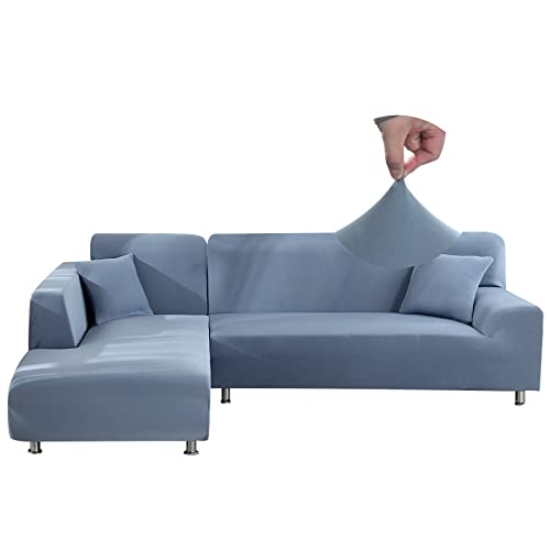 Jaotto Sofa Überwürfe Sofabezug Elastische Spandex Stretch Sofabezüge Couchbezug für L-Form Sofa Universal Waschbar Sofaüberwurf 2er Antirutsch（1 Sitzer+1 Sitzer,Grau Blau） von Jaotto