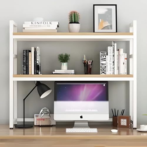 Japard 94 cm breites Schreibtischregal aus Holz – Schreibtisch-Bücherregal aus Holz für Büro, Zuhause, Damen, Herren und Kinder (weiß und hellbraun – zwei Ebenen) von Japard