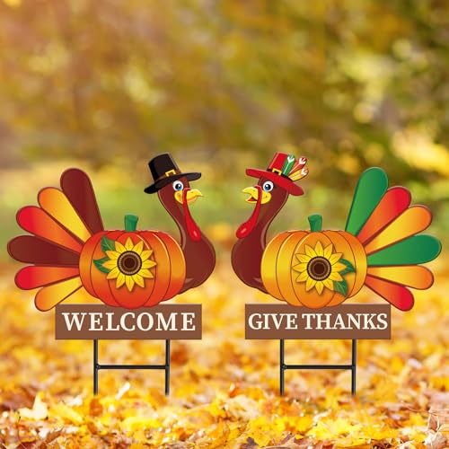 JarThenaAMCS 2 Stück Thanksgiving Metall Truthahn Hofpfähle Herbst Ernte Kürbis Dekorative Gartenpfähle Willkommen Rasen Schild Wasserdicht für Herbst Thanksgiving Haus Garten Hof Rasen Terrasse von JarThenaAMCS