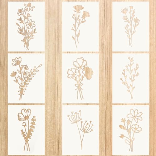 Jeffdad 9 Stück Blumen Schablone, Wiederverwendbar Wildblumen Schablonen zum Malen, 20 * 15 cm Malschablonen DIY Vorlagen Malerei Schablonen Set für Scrapbooking Holz Boden Wand Fliesen von Jeffdad