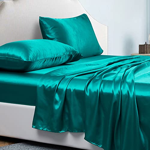 Spannbettlaken 4teilig Satin Glänzend Einfarbig, 200x200 cm für Matratzen bis 36cm, Betttuch Leintuch Set mit Bettlaken, Spannbetttuch, 2 Kissenbezüge - Blaugrün von Jemiipee