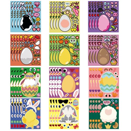 24 Stück Ostern Make a Face Aufkleber, Ostern Gesichtswechsel Tieraufkleber, Bunte Eier Hase Küken Schaf Stickers, 12 Stile Party Supplies für Kinder Basteln Scrapbooking Favor Geschenke von JiNks