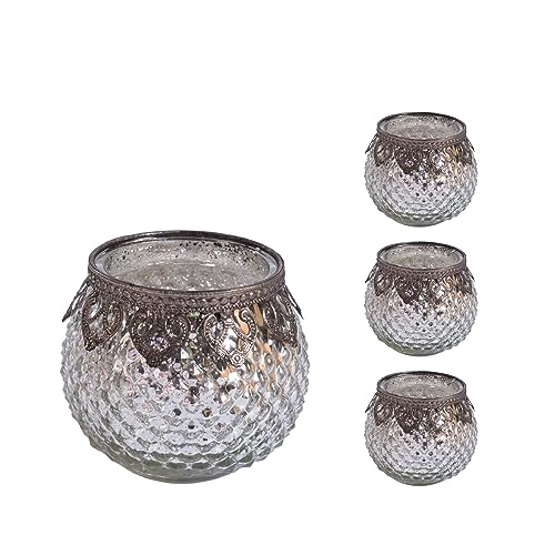 Jinfa 4er-Set orientalischer Teelichthalter aus Glas Windlichter Kerzengläser Teelichtgläser Geschenk | Kugelform | Edles Silber Ø 8cm x h 8.8cm von Jinfa