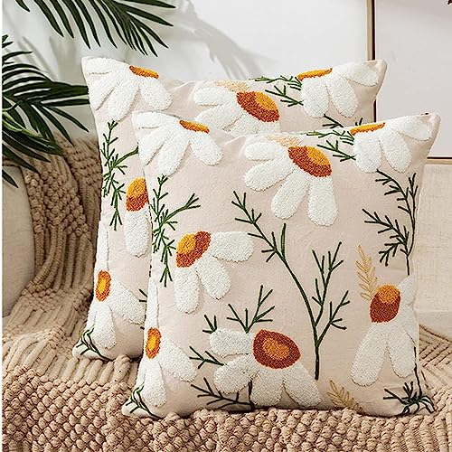 Jinkey Blumen Kissenbezug, 2er Kissenbezüge 45x45 cm Zierkissenbezüge Dekorationskissenbezüge Sommer Moderne Stickerei Quadratisch Kopfkissenbezug Weich Boho Kissen Kissenhülle für Sofa, Stuhl, Bett von Jinkey