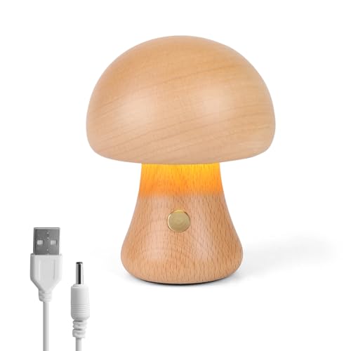 Pilzlampe aus Holz, Tragbare Dimmbare Nachttischlampe mit USB-Aufladung, Kabelloses Nachtlicht, Pilz-Tischlampe für Heimdekoration, Schlafzimmer, wiederaufladbare LED-Nachttischlampe (Buche-C) von JinsenTGG