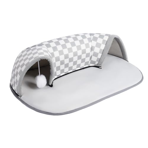 Jodimitty Katzentunnel Katzenbett Plüsch Katzen Spieltunnel mit hängendem Ballspielzeug, Grau Weiß Karomuster 2 in 1 Katzen Bett Cat Tunnel, Geschenk für kleine Katzen Hasen Hamster (66 x 45 x 15 cm) von Jodimitty