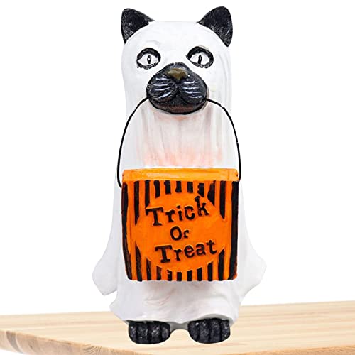 Geist Hund Katze Halloween Figur Spooky Geist Hund Halloween Figur Halloween Figur Harz Tier Geist Statue Hund Katze hält Kürbiskörbe Halloween Party Favor Dekorationen von Jomewory