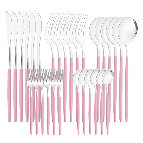 Besteck Set Geschirr Set Edelstahlbesteck Set Silber Wohnung Löffel Messer und Gabelstätte Besteck Utensil Set für Küche (Rosa) 30 stücke von Jorzer