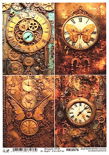 Josys Bastelmärchen Reispapier A4 Strohseide Decoupage Steampunk Cyberpunk Rost Shabby Uhr RE3576 von Josys Bastelmärchen