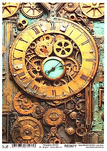 Josys Bastelmärchen Reispapier A4 Strohseide Decoupage Steampunk Cyberpunk Rost Shabby Uhr RE3577 von Josys Bastelmärchen