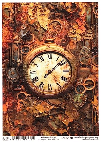 Josys Bastelmärchen Reispapier A4 Strohseide Decoupage Steampunk Cyberpunk Rost Shabby Uhr RE3578 von Josys Bastelmärchen