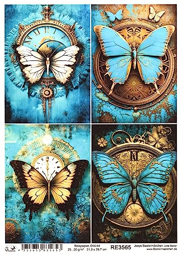 Josys Bastelmärchen Reispapier A4 Strohseide Decoupage Steampunk Cyberpunk Schmetterling Uhr RE3565 von Josys Bastelmärchen