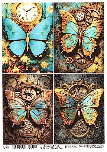 Josys Bastelmärchen Reispapier A4 Strohseide Decoupage Steampunk Cyberpunk Schmetterling Uhr RE3569 von Josys Bastelmärchen