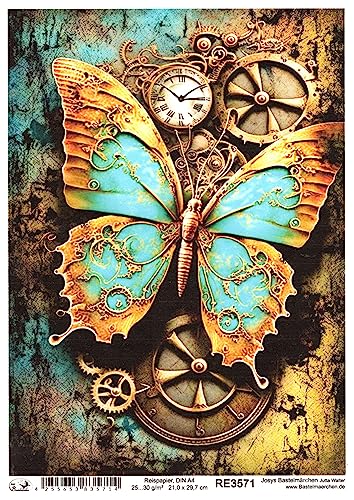 Josys Bastelmärchen Reispapier A4 Strohseide Decoupage Steampunk Cyberpunk Schmetterling Uhr RE3571 von Josys Bastelmärchen