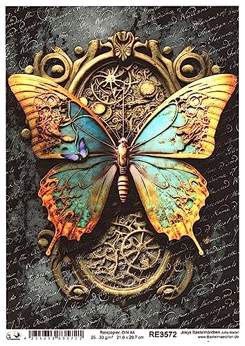 Josys Bastelmärchen Reispapier A4 Strohseide Decoupage Steampunk Cyberpunk Schmetterling Uhr RE3572 von Josys Bastelmärchen