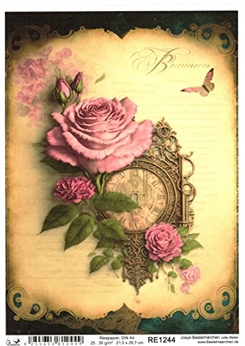 Josys Bastelmärchen Reispapier A4 Strohseide Decoupage Vintage Brief Rose Uhr Verzierung RE1244 von Josys Bastelmärchen