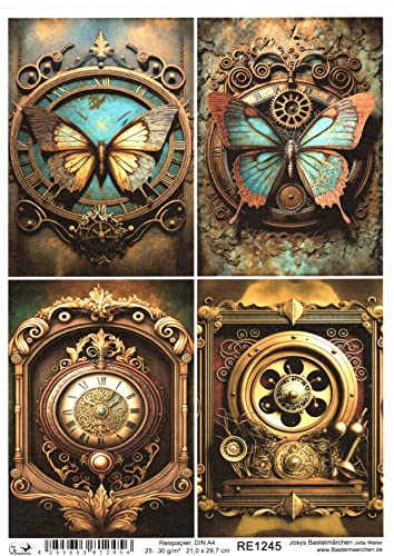 Josys Bastelmärchen Reispapier A4 Strohseide Decoupage Vintage Cyberpunk Uhr Schmetterling Patina RE1245 von Josys Bastelmärchen