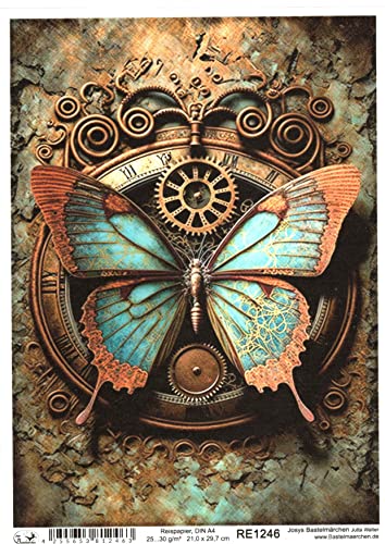 Josys Bastelmärchen Reispapier A4 Strohseide Decoupage Vintage Cyberpunk Uhr Schmetterling Patina RE1246 von Josys Bastelmärchen