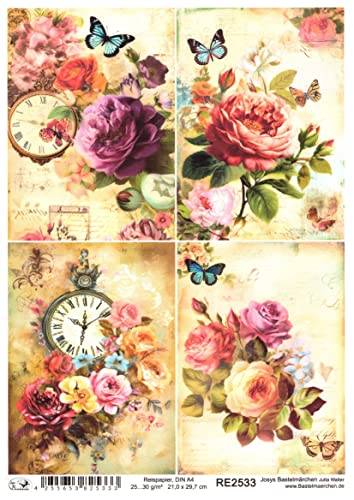 Josys Bastelmärchen Reispapier A4 Strohseide Decoupage Vintage Rosen Blumen Uhr RE2533 von Josys Bastelmärchen
