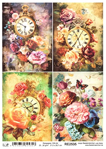 Josys Bastelmärchen Reispapier A4 Strohseide Decoupage Vintage Rosen Blumen Uhr RE2535 von Josys Bastelmärchen