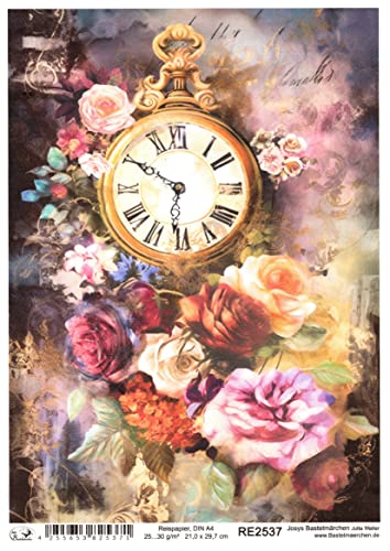 Josys Bastelmärchen Reispapier A4 Strohseide Decoupage Vintage Rosen Blumen Uhr RE2537 von Josys Bastelmärchen